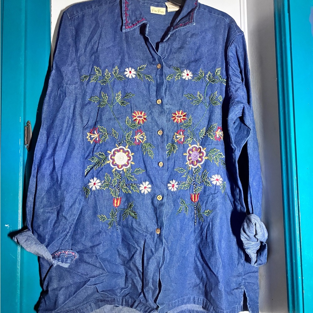 Bobbie Brooks Blue Embroidered Denim Shirt Jacket